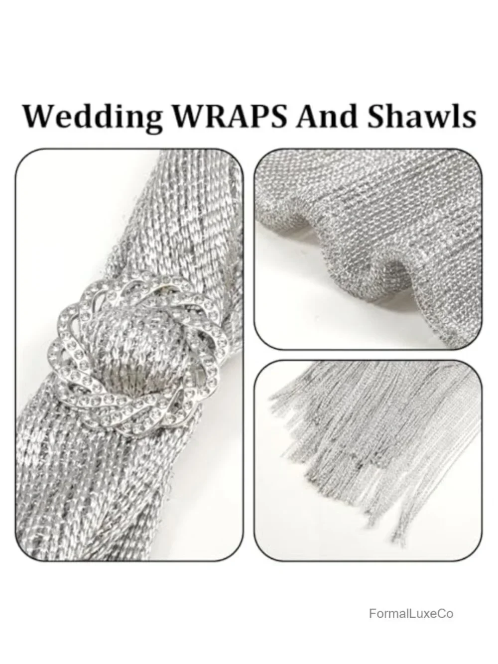 Women's Silver Glitter Fringe Shawl Wrap for Evening Dresses Bridal Capelet